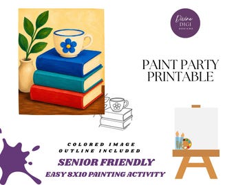 Senior Painting Activity, Digital Download, Books and Teacup, Senior Friendly Easy Craft