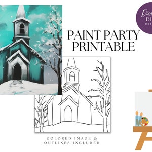 DIY Paint Party afdrukbaar, vooraf getekend kerkcanvas, Instant Download, Canvaskunst, Paint Party, digitale PNG-download