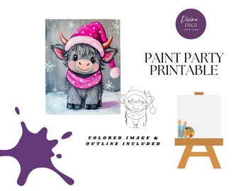 Christmas Cow Art Print | Pink Hat, DIY Paint Party Tracer (Digital Download)