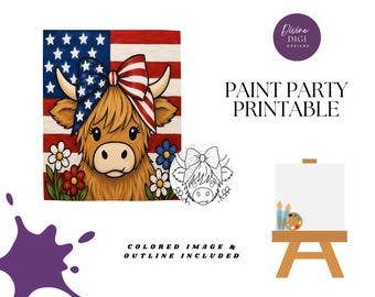 Patriotic Highland Cow Paint Party Printable: 4th of July Canvas Art (PNG Digital Download)