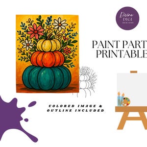 May include: A colorful painting of stacked pumpkins in shades of teal, orange, and yellow, topped with flowers. The text "PAINT PARTY PRINTABLE" is displayed, along with "COLORED IMAGE & OUTLINE INCLUDED".