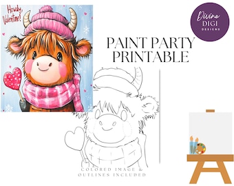 Highlander Cow Paint Party Printable, Heart Lollipop (PNG Digital Download)