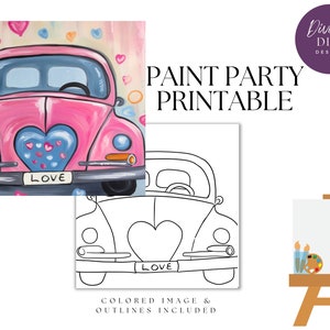 DIY Paint Party afdrukbare, vooraf getekende schattige liefde mobiel canvas, Instant Download, Canvaskunst, Paint Party, digitale PNG-download, kleurplaat