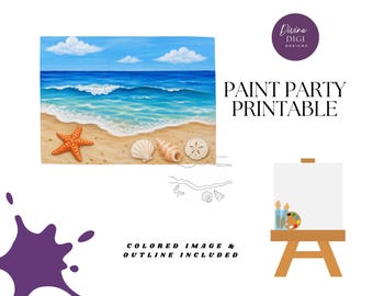 Coastal Beach Seashell Paint Party Printable: Pre-Drawn Canvas Template ( PNG Digital Download)