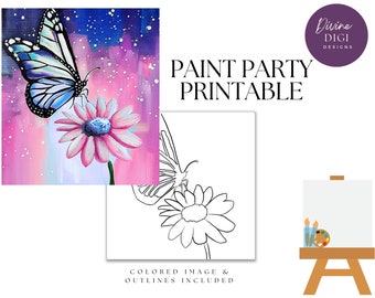 May include: A printable paint party design featuring a blue butterfly landing on a pink flower with a white centre. The design is also included as a black and white outline for colouring.