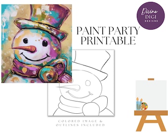 May include: A printable paint party design featuring a colorful snowman with a purple scarf and a teal hat. The design includes a black and white outline for coloring.