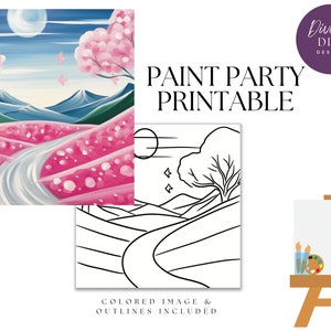 DIY Paint Party Printable, Pre Drawn Canvas, Pink Valley Scene, Instant Download, Canvas ,PNG Digital Download, Breast Cancer Awareness