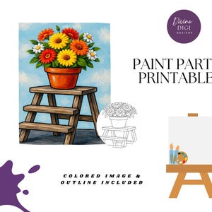 Könnte beinhalten: Digitaldruck mit einem lebendigen Blumenarrangement in einem orangefarbenen Topf auf einem hölzernen Tritthocker, vor einem blauen Himmel. Der Text "PAINT PARTY PRINTABLE" wird angezeigt, zusammen mit einer Strichzeichnung des Blumenarrangements und einer leeren Leinwand.