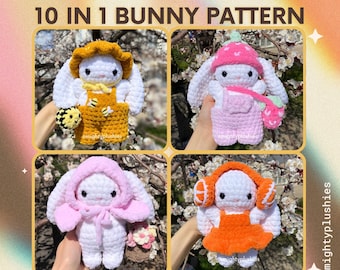 Baby Bunny Plushie and Accessories 10 in 1 Onesie Hoodie Dress Hats and Bags PATTERN English
