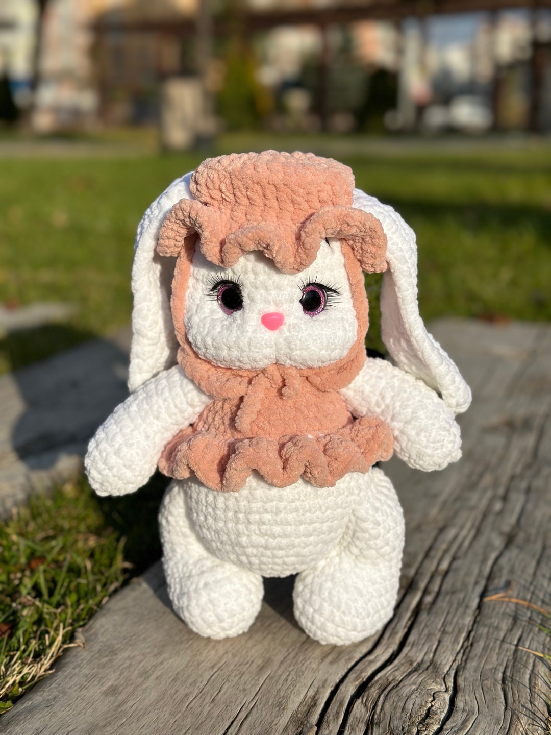 Plush Crochet Bunny, Pink Hat Bunny, Christmas Toy, Christmas Gift