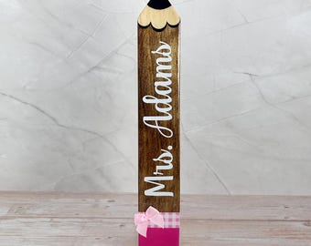 Tope de puerta de madera personalizado con forma de lápiz, regalo para profesores, decoración del aula