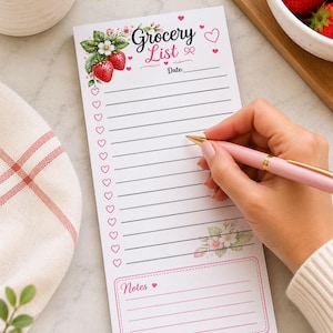 Könnte beinhalten: Ein weißer, rechteckiger Einkaufszettel-Block mit einer Erdbeer-Illustration oben, dem Text Grocery List, einer Datumszeile, mehreren linierten Zeilen mit herzförmigen Kästchen und einem unteren Bereich mit der Aufschrift Notes.