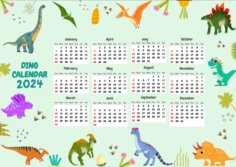 Printable Kids Calendar 2024 Calendar 2024 Dinosaur Etsy