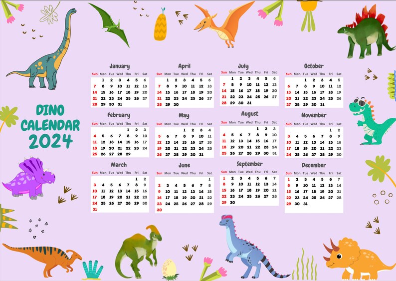 Printable Kids Calendar 2024 Calendar 2024 Dinosaur Etsy