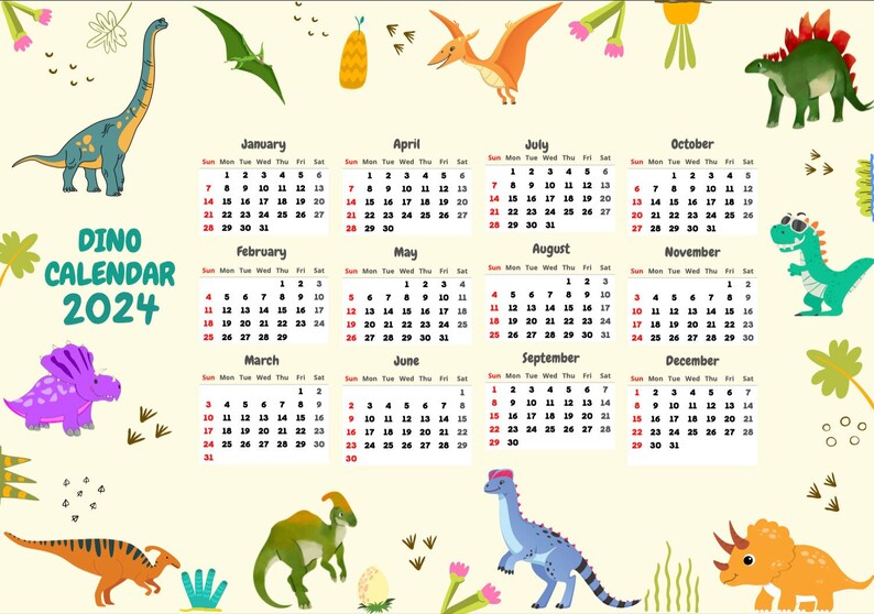 Printable Kids Calendar 2024 Calendar 2024 Dinosaur Etsy