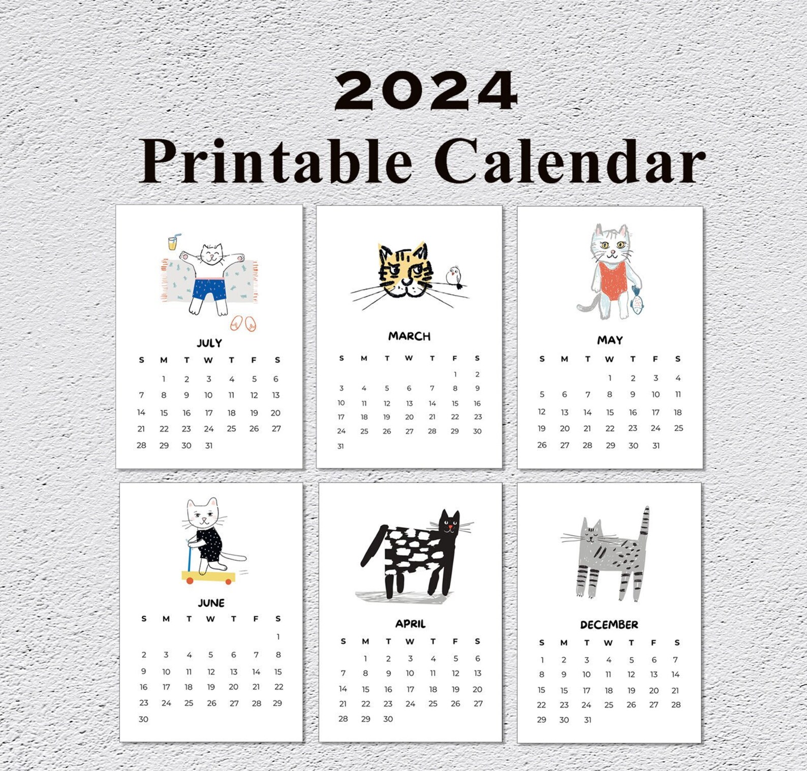 Printable Cat Calendar 2024 Funny Calendar 2024 Calendar 2024 Monthly