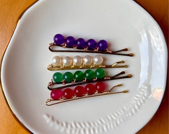 Hand wire wrapped beaded hair pins.