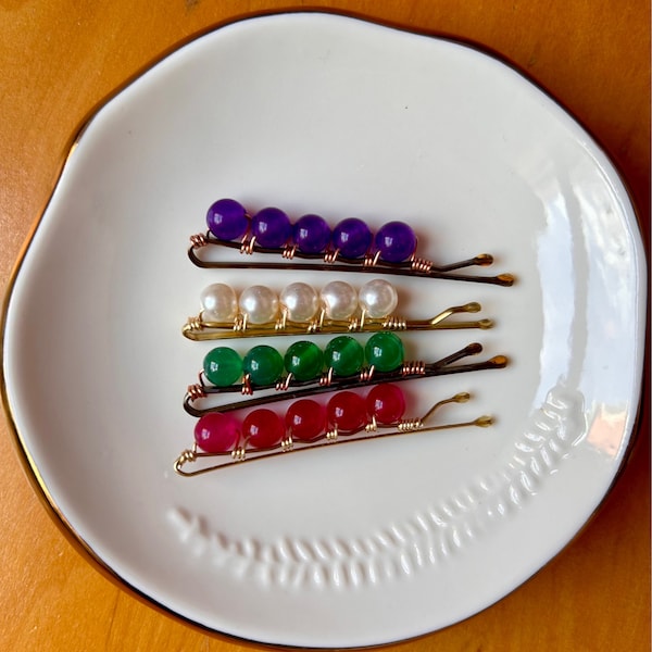 Hand wire wrapped beaded hair pins.