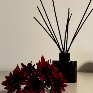 Puede incluir: Una botella difusora de vidrio negro con cañas negras y un grupo de flores rojo oscuro en primer plano.