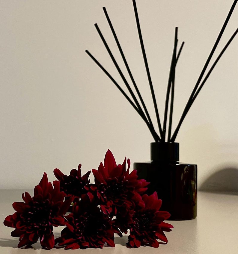 May include: A black glass diffuser bottle with black reeds and a cluster of dark red flowers in the foreground.