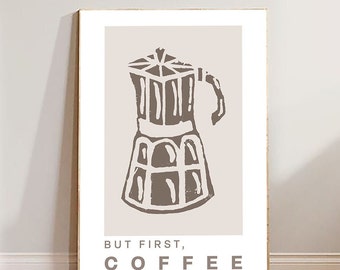 Pero primero café, arte de pared, impresión lino original, linda decoración de café minimalista, tono tierra neutro