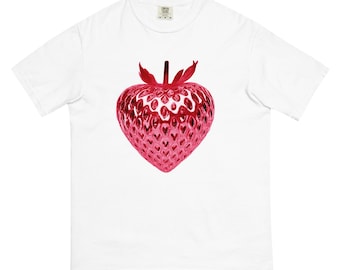 Corazón metálico fresa rojo brillante, Camiseta de algodón pesado