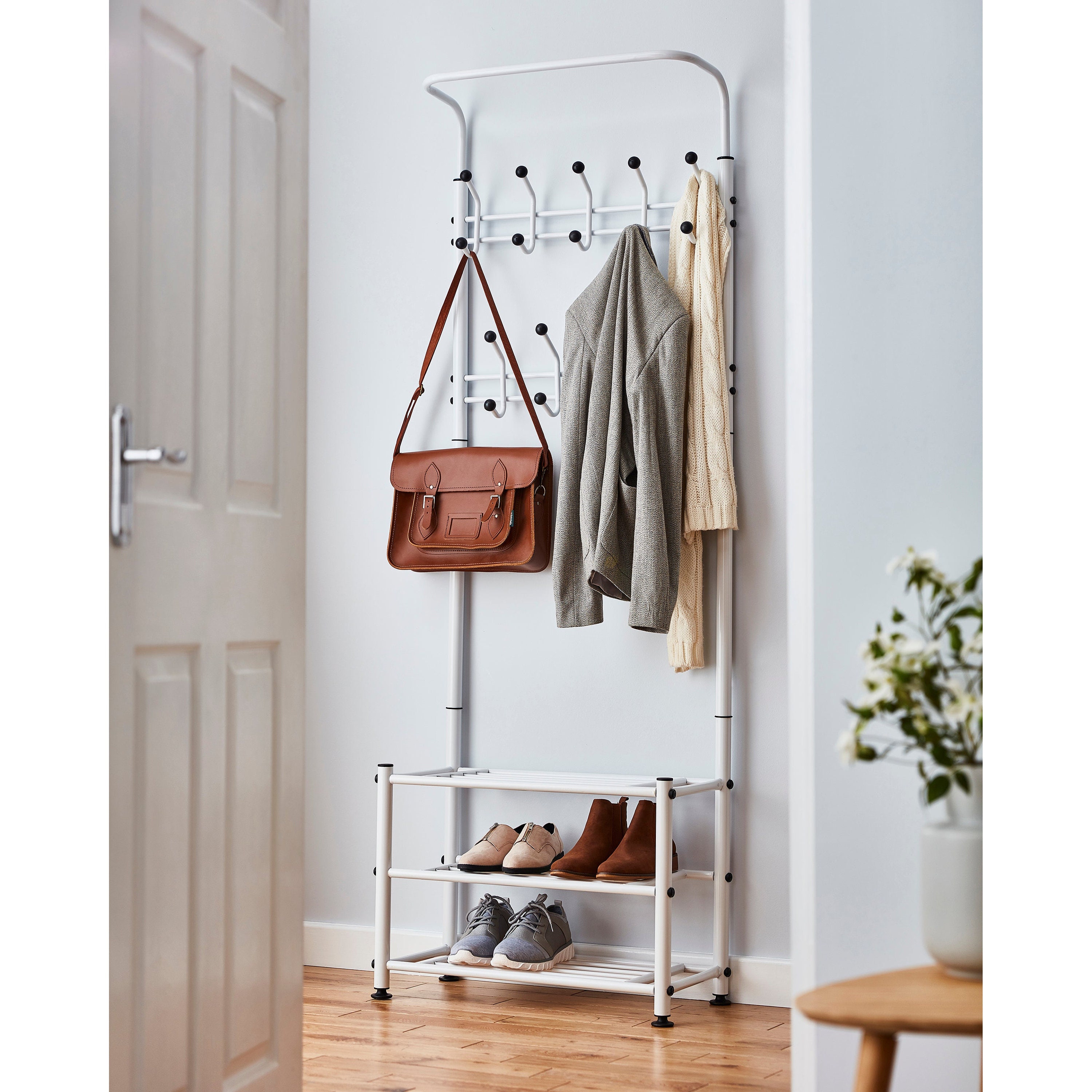 Multi Purpose Stand 18 Hooks for Clothes Shoes Hats Bags White