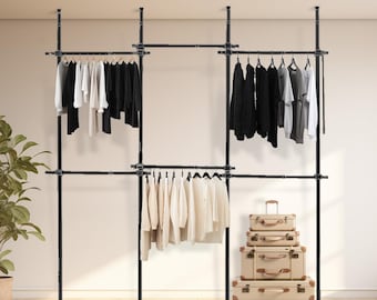 Triple Telescopic Black Wardrobe Organiser Hanging Rail Clothes Rack Adjustable Storage Shelving