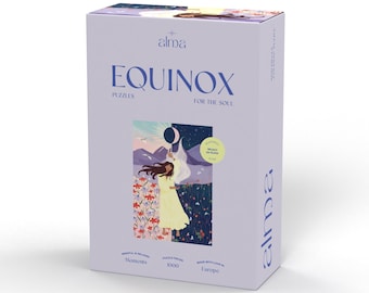 Puede incluir: Una caja morada con un rompecabezas de 1000 piezas que muestra a una mujer de pie en un campo con una luna creciente y un pájaro. La caja tiene el texto "EQUINOX FOR THE SOUL" y "Moments 1000 Europe" impreso en ella.