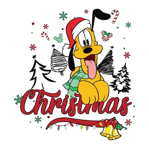 Op de afbeelding: Een cartoonhond met een kerstmanmuts en een groene sjaal met het woord "Kerstmis" in rode letters. De hond is omringd door kerstversiering, waaronder sneeuwvlokken, snoepstokken en kerstboom.