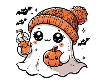 Niedlicher Geist png, Halloween png, Kaffee png, Bougie png, Bougie Geist, Bougie png, Retro Halloween Png Bundle, Spooky Saison Png