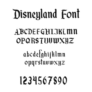 May include: Black and white image of the Disneyland font. The font includes uppercase and lowercase letters, as well as numbers 1 through 9 and 0.