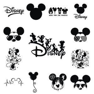Puede incluir: Imágenes en silueta en blanco y negro de Mickey Mouse y Minnie Mouse en varias poses. Las imágenes incluyen a Mickey Mouse con gafas de sol, Minnie Mouse con un lazo y Mickey Mouse con un corazón. El texto "Disney" aparece en varias de las imágenes.