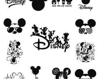 May include: Black and white silhouette images of Mickey Mouse and Minnie Mouse in various poses. The images include Mickey Mouse wearing sunglasses, Minnie Mouse with a bow, and Mickey Mouse with a heart. The text "Disney" appears in several of the images.
