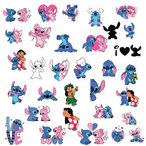 Può includere: Una collezione di adesivi colorati di cartoni animati con Stitch e Angel del film Disney Lilo & Stitch. Gli adesivi mostrano i personaggi in varie pose, tra cui abbracci, baci e mano nella mano. Alcuni adesivi presentano cuori e la parola "love".