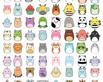 Squishmallow Tiere PNG SVG Clipart Cricut Designs bündeln Bilder auf transparentem Hintergrund Sublimationsdesign für Cricut Geburtstag