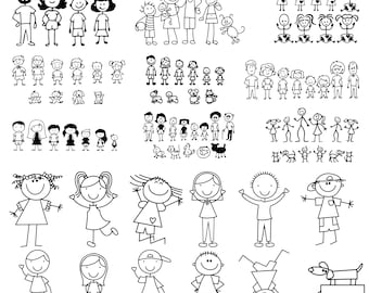 May include: A set of black and white stick figure family clipart images. The images include various family members, pets, and activities. The images are perfect for creating custom family portraits, scrapbooking, or other craft projects.