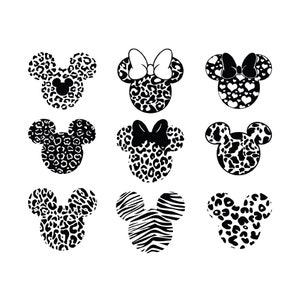 May include: Nine black and white mouse head silhouettes with different animal print patterns, including leopard, zebra, and cheetah.