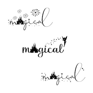 Op de afbeelding: Drie zwart-wit illustraties van een kasteel met het woord "magical" in cursief. De eerste illustratie heeft vuurwerk boven het kasteel. De tweede illustratie heeft een fee die boven het kasteel vliegt. De derde illustratie heeft sterren rond het kasteel.