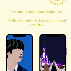 May include: Two phone wallpapers, one with a blue background and a cartoon portrait of a person with black hair, and the other with a dark blue background and a cartoon illustration of a castle with two people holding hands in front of it.