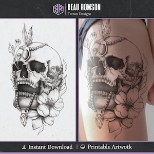 Ingenioso diseño de tatuaje de calavera floral / Diseño de tatuaje para mujeres y hombres / Descarga instantánea / Diseño de tatuaje dibujado a mano / Brazo, Tatuaje de muslo