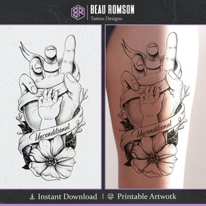 Ingenioso diseño de tatuaje de nacimiento floral / Envío gratis / Descarga instantánea / Muslo, Brazo, Tatuaje de manga / Madre significativa, Diseño de tatuaje familiar