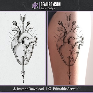 Diseño ingenioso del tatuaje del corazón / Tatuaje de flecha ilustrativo / Tatuaje femenino femenino / Tatuaje para hombres / Arte anatómico del corazón / Tatuaje del muslo columna vertebral