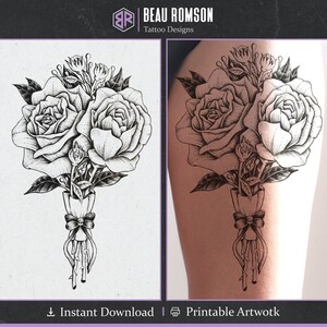 Diseño de tatuaje de ramo de rosas ingeniosas / Tatuaje para mujeres / Envío gratis / Tatuaje dibujado a mano / Flor, Diseño de tatuaje floral / Brazo, Tatuaje de muslo