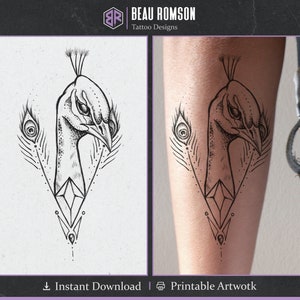 Diseño de tatuaje de pavo real femenino / Tatuaje ornamental para mujeres / Tatuaje de brazo Pierna / Envío gratis / Tatuaje de pájaro animal único