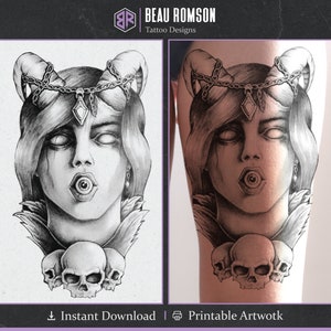 Diseño de tatuaje de terror ingenioso / Tatuaje de calavera de chica demoníaca / Muslo de tatuaje de manga / Envío gratis / Arte de tatuaje gótico / Tatuaje para hombres y mujeres