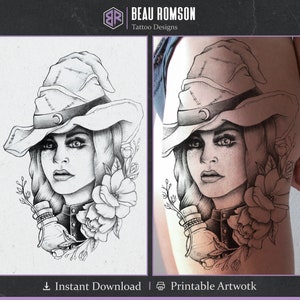 Diseño ingenioso del tatuaje de la bruja / Tatuaje floral mágico para las mujeres / Manga del tatuaje del muslo / Arte del tatuaje ilustrativo dibujado a mano / Envío gratis