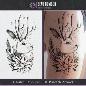 Diseño de tatuaje floral Jackalope / Tatuaje femenino femenino / Envío gratis / Daisy Tatuaje Botánico / Manga Tatuaje Muslo / Tatuaje Ilustrativo