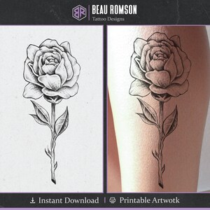 Diseño de tatuaje de rosa ingenioso / Tatuaje de flor ingenioso / Envío gratis / Tatuaje femenino femenino / Brazo, Tatuaje de pierna / Diseño de tatuaje dibujado a mano