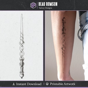Diseño de tatuaje de varita mágica / Tatuaje ingenioso ilustrativo / Brazo de tatuaje de columna vertebral / Envío gratis / Tatuaje femenino femenino